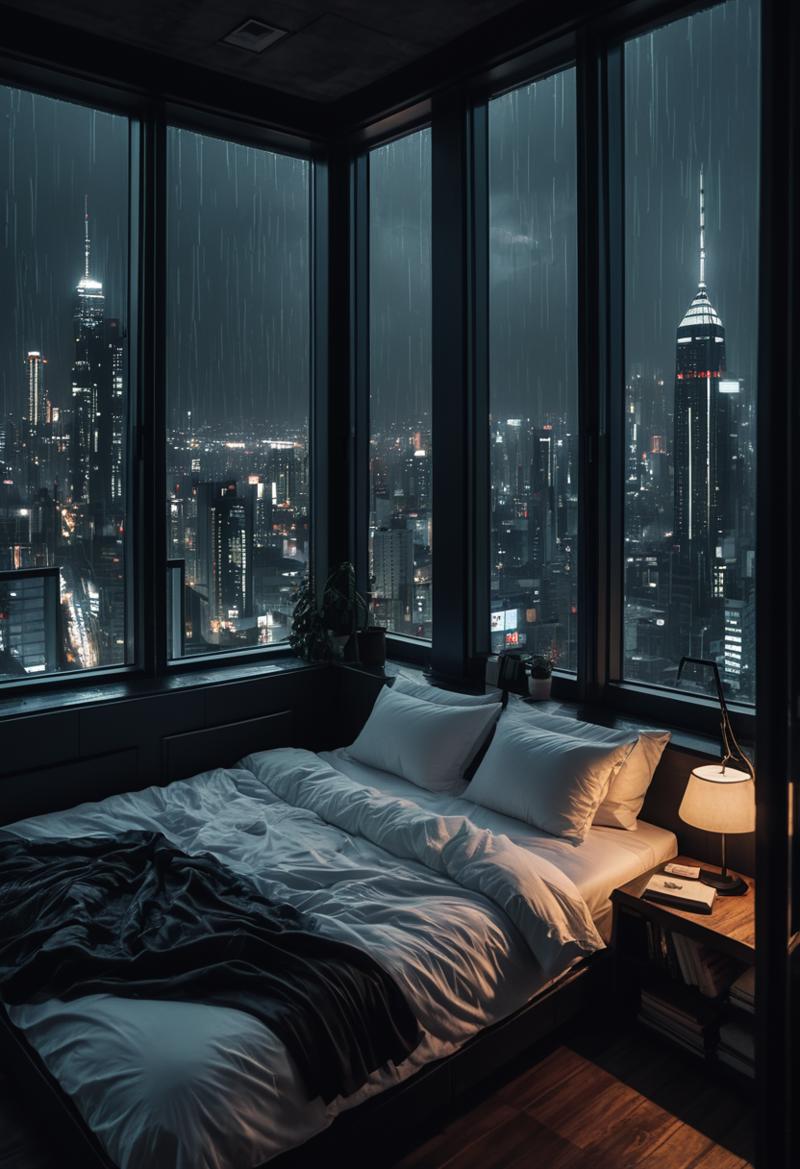 00027-moody aesthetic, beautiful cozy, cramped bedroom with floor to ceiling glass windows overlooking a cyberpunk city at night, view.png